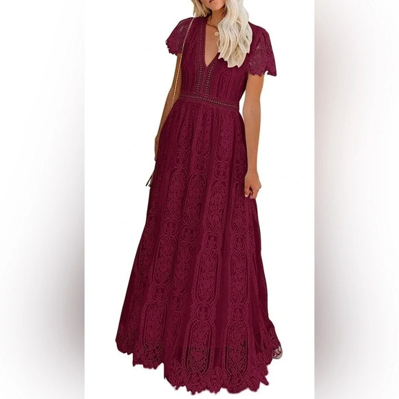 MEROKEETY V Neck Lace Wine ColorWedding Dress Bridesmaid Cocktail Maxi Dress - Picture 3 of 11